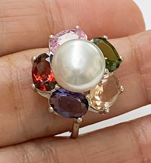 Unique 5 Rainbow Gem White 9.4mm Round South Sea Pearl Ring Size 6.51 of a kind / Gorgeous 5 Rainbow Gemstones Natural White 9.4mm Round Australia South Sea Cultured Pearl Cocktail Ring Size 6.5 / Best Gift For HerPEARL INFORMATIONPeRingsFine JewelryThe Fine Pearls Jewelry4mm Round South Sea Pearl Ring Size 6