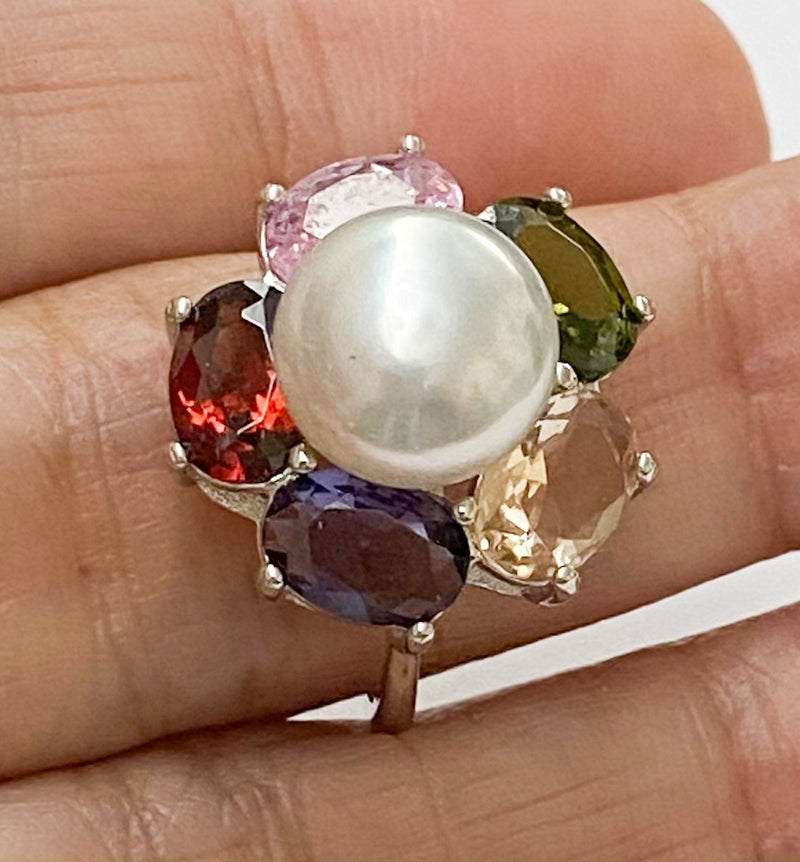 Unique 5 Rainbow Gem White 9.4mm Round South Sea Pearl Ring Size 6.5
