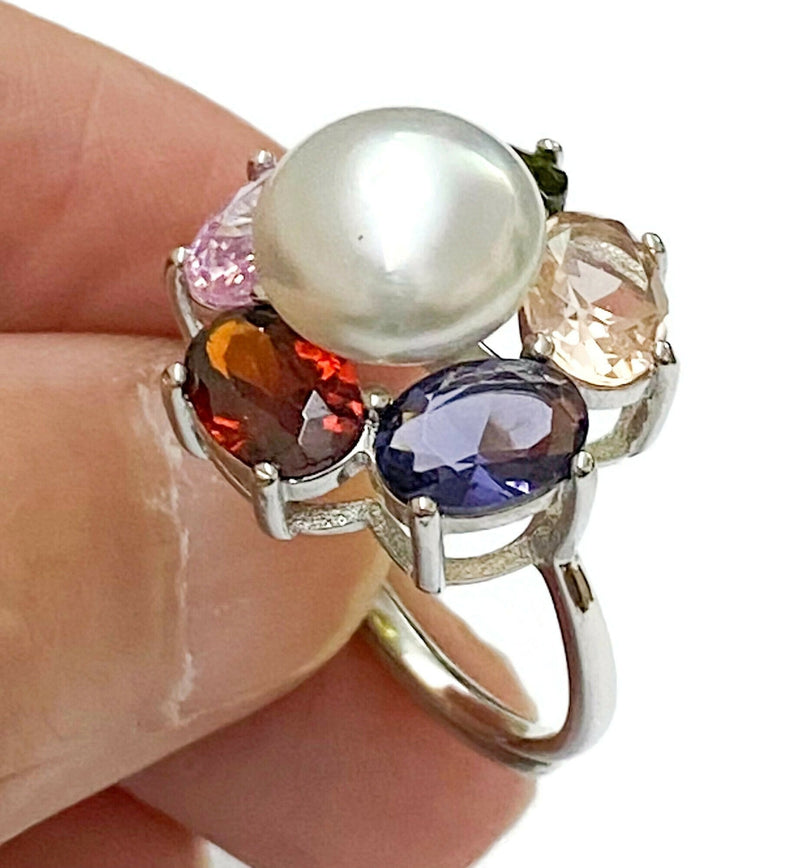 Unique 5 Rainbow Gem White 9.4mm Round South Sea Pearl Ring Size 6.5