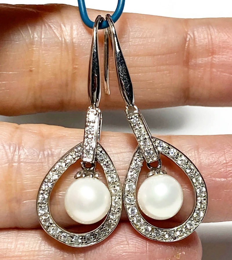 Japanese Akoya Round 7mm White Cultured Pearl Dangle Hook Earrings