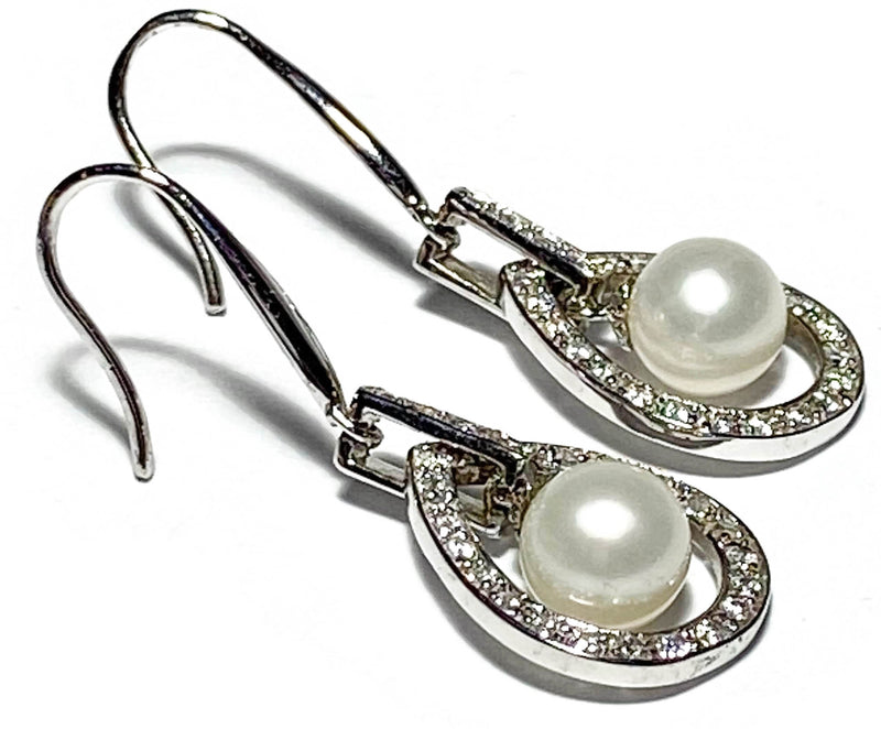 Japanese Akoya Round 7mm White Cultured Pearl Dangle Hook Earrings