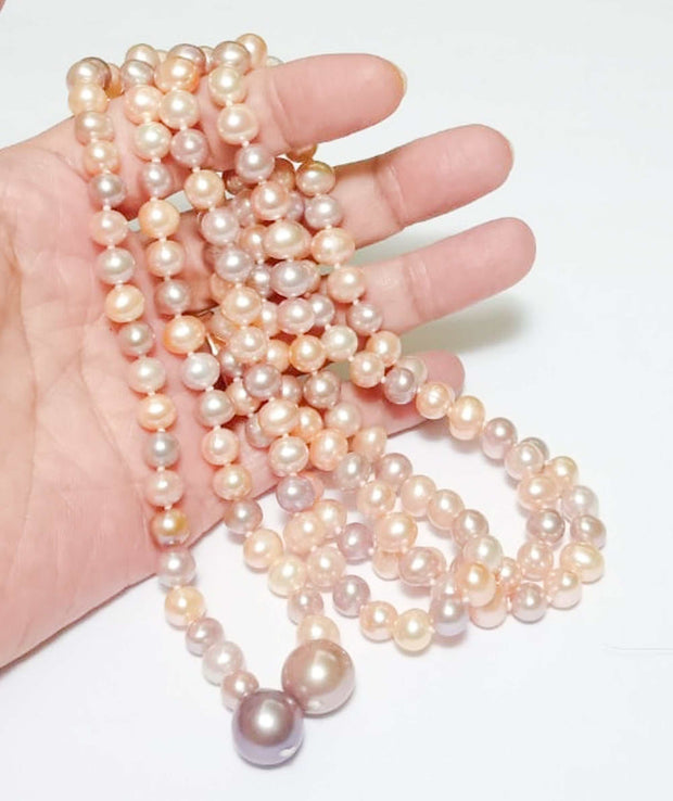 Fabulous Natural Multi Colors 7 - 11.5mm Cultured Pearl 42" NecklaceNatural Peach Purple Lavendar Pink Oval Round 6.5 - 7mm FW and 2 pcs. 11.5mm Lavender Round Edison Cultured Pearl 41 - 42" Long Hand-Knotted 3 Ways Wearing The NecklNecklacesFine JewelryThe Fine Pearls JewelryFabulous Natural Multi Colors 7 - 11