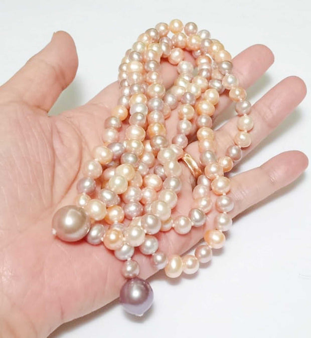 Fabulous Natural Multi Colors 7 - 11.5mm Cultured Pearl 42" NecklaceNatural Peach Purple Lavendar Pink Oval Round 6.5 - 7mm FW and 2 pcs. 11.5mm Lavender Round Edison Cultured Pearl 41 - 42" Long Hand-Knotted 3 Ways Wearing The NecklNecklacesFine JewelryThe Fine Pearls JewelryFabulous Natural Multi Colors 7 - 11